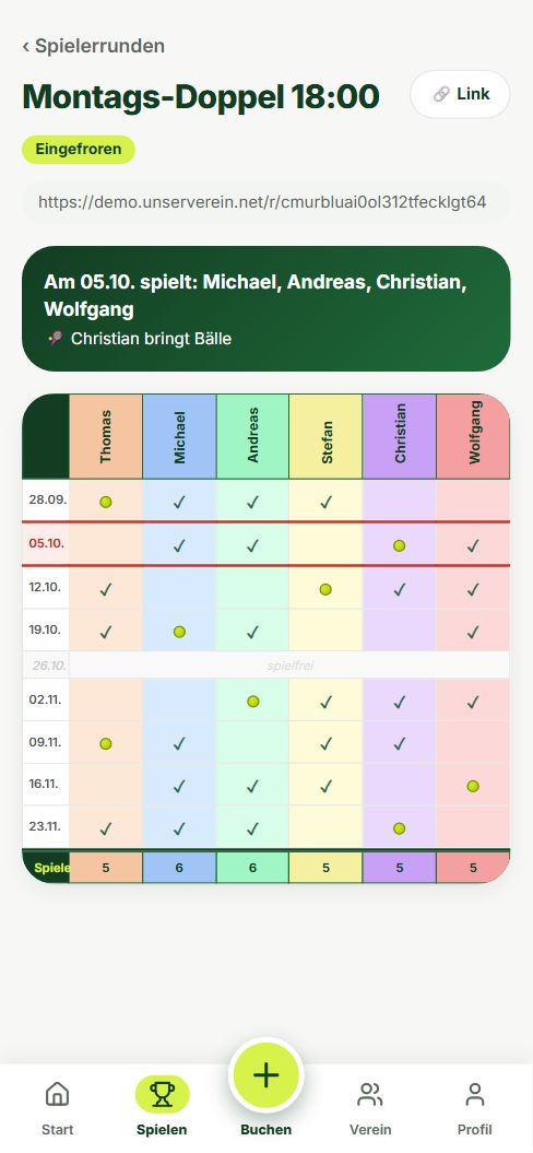Spielplan einer Spielerrunde am Handy mit Spielern, Ballbringer und teilbarem Link