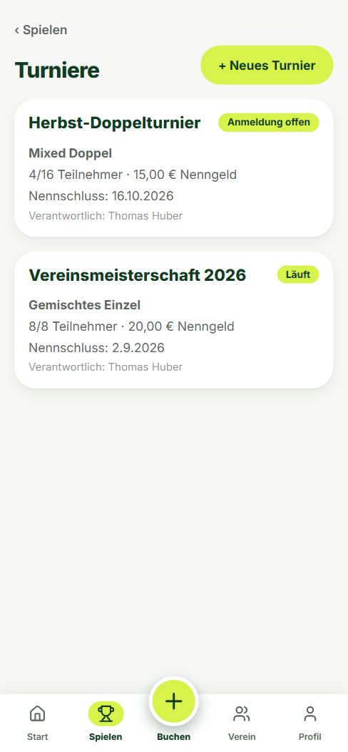 Ansicht Turniere in UnserVerein