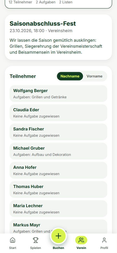Veranstaltung „Saisonabschluss-Fest“ am Handy mit Teilnehmern und ihren Aufgaben