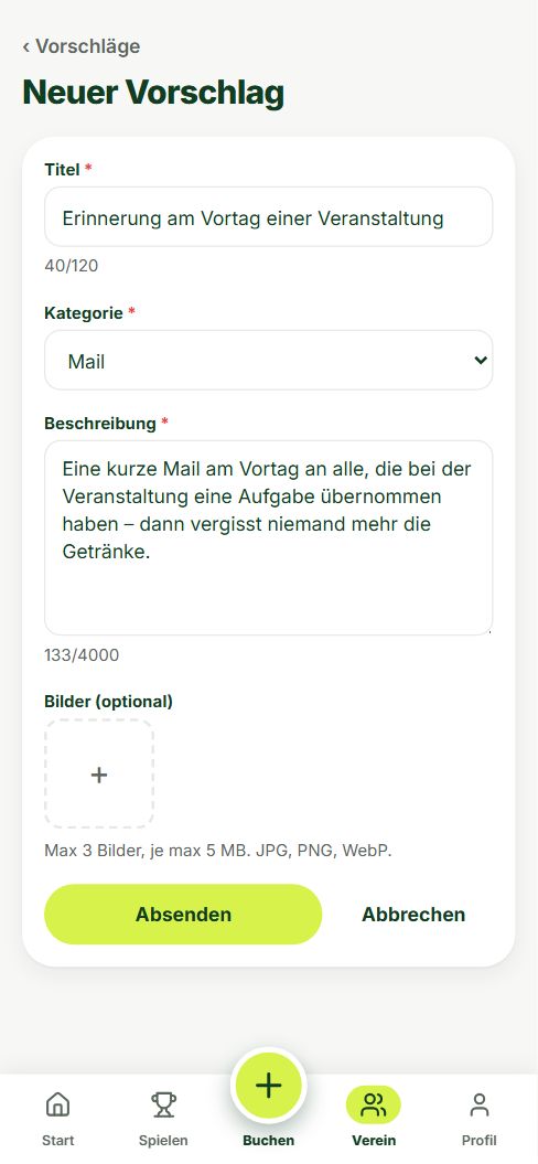 Formular „Neuer Vorschlag“ in der App am Handy mit Titel, Kategorie und Beschreibung